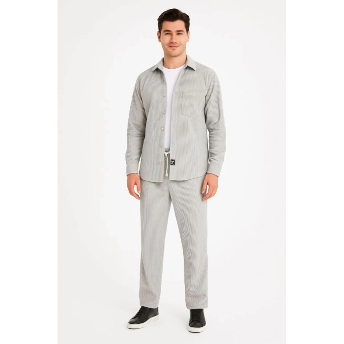 Erkek Kadife Oversize Takım – Gömlek Ve Pantolon İkili et Füme Corduroy Şıklığı, Rahat Ve Zarif Duruş Yumuşak Dokulu Kadife Kumaş, Düğmeli Gömlek Üst Ve astikli Pantolon Alt Parça Ile Gün Boyu Konfor Gri