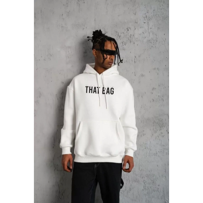 Erkek Kanguru Cep Baskılı Kapüşonlu weatshirt  Beyaz