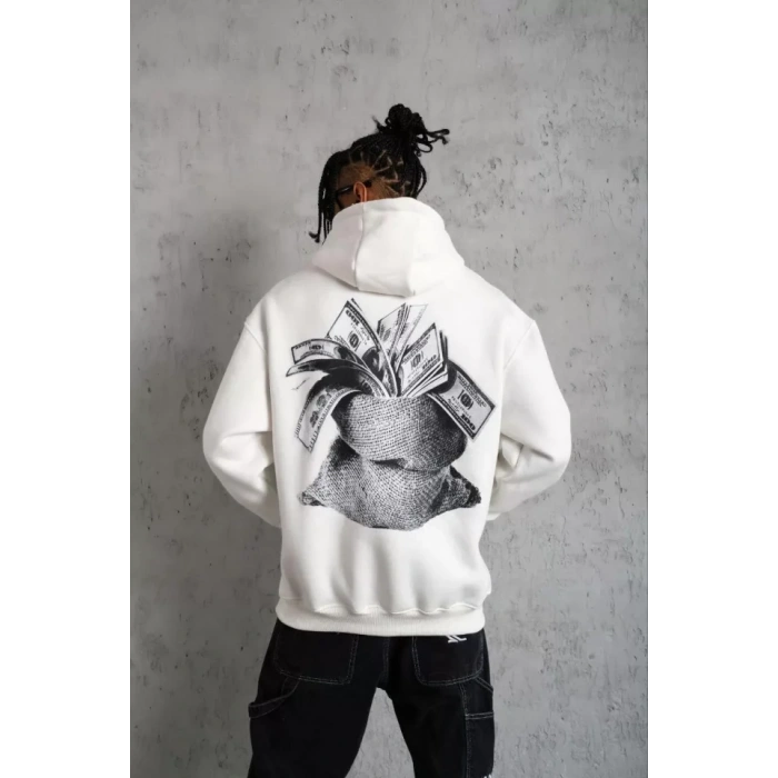 Erkek Kanguru Cep Baskılı Kapüşonlu weatshirt  Beyaz