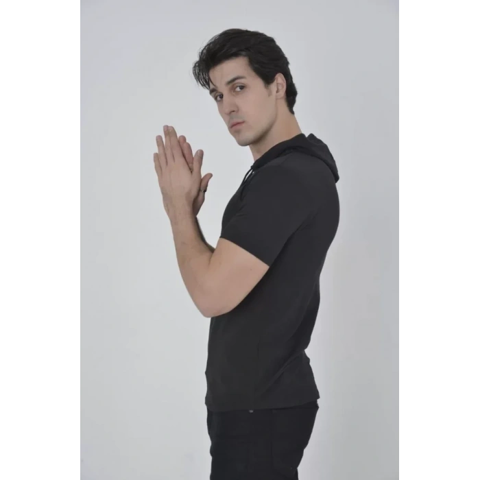 Erkek Kapşonlu lim Fit Tshirt  iyah