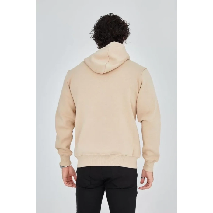 Erkek Kapüşonlu Baskılı Fermuarlı Hırka  Bej