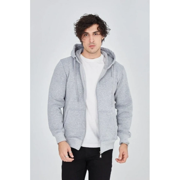 Erkek Kapüşonlu Düz Fermuarlı Hırka  Gri