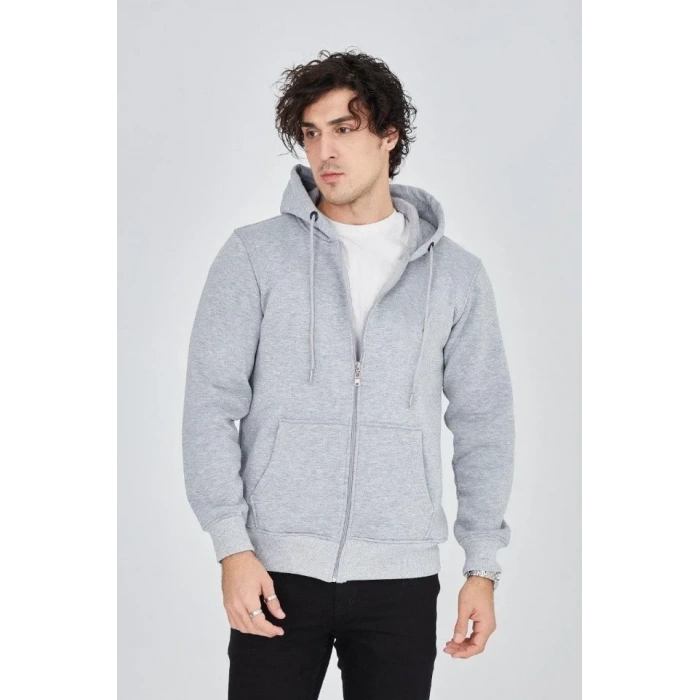 Erkek Kapüşonlu Düz Fermuarlı Hırka  Gri