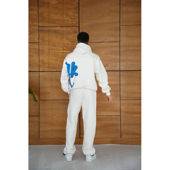 Erkek Kapüşonlu Eşofman Takım Graffiti Baskılı  Oversize Rahat Kalıp, Kanguru Cepli, treetwear Tarzında Premium Ürün 3 Iplik Pamuklu  Beyaz