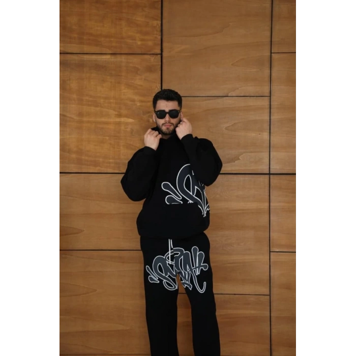 Erkek Kapüşonlu Eşofman Takım Graffiti Baskılı Oversize Rahat Kalıp, Kanguru Cepli, treetwear Tarzında Premium Ürün 3 Iplik Pamuklu  iyah