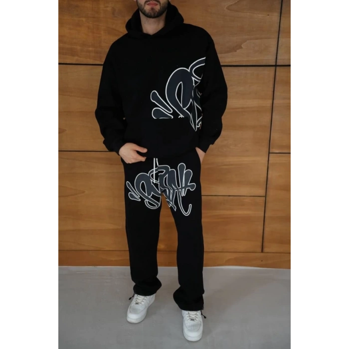 Erkek Kapüşonlu Eşofman Takım Graffiti Baskılı Oversize Rahat Kalıp, Kanguru Cepli, treetwear Tarzında Premium Ürün 3 Iplik Pamuklu  iyah