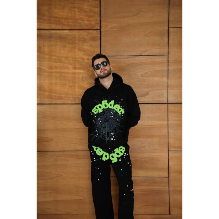 Erkek Kapüşonlu Eşofman Takım Örümcek Ağı Ve Neon Yeşil Baskılı Kanguru Cepli Oversize Rahat Kalıp, Premium Üç İplik Kumaş  iyah