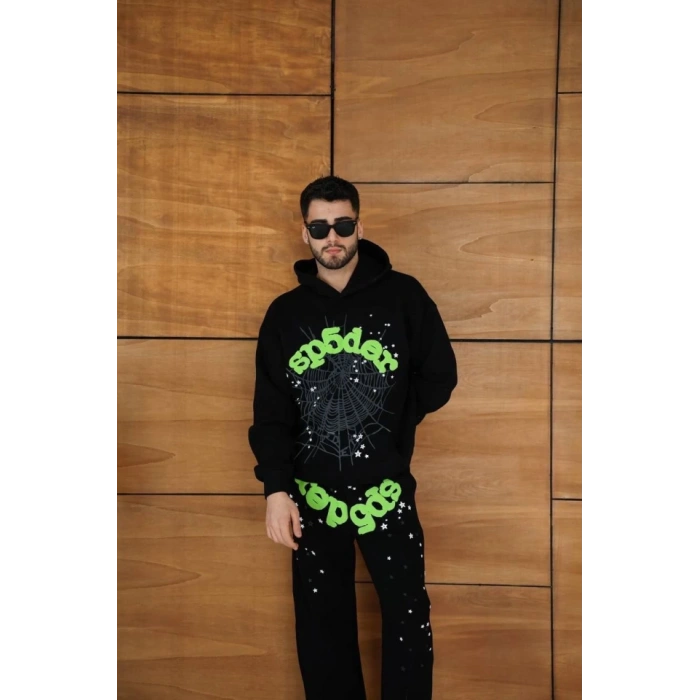 Erkek Kapüşonlu Eşofman Takım Örümcek Ağı Ve Neon Yeşil Baskılı Kanguru Cepli Oversize Rahat Kalıp, Premium Üç İplik Kumaş  iyah