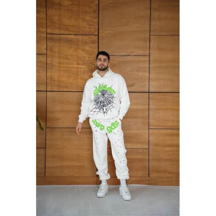 Erkek Kapüşonlu Eşofman Takım Örümcek Ağı Ve Neon Yeşil Baskılı Kanguru Cepli Oversize Rahat Kalıp, Premium Üç İplik Kumaş  Beyaz