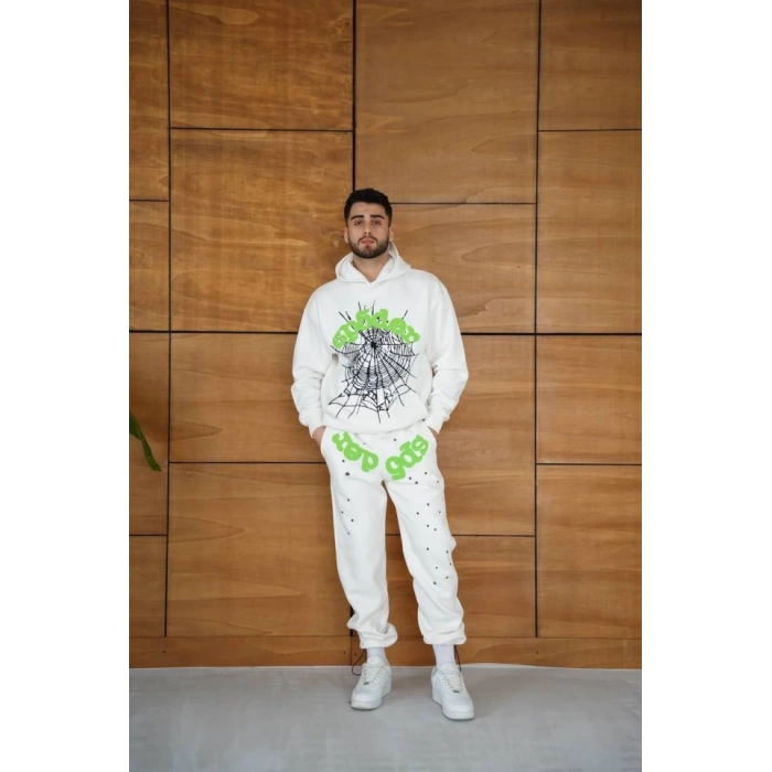 Erkek Kapüşonlu Eşofman Takım Örümcek Ağı Ve Neon Yeşil Baskılı Kanguru Cepli Oversize Rahat Kalıp, Premium Üç İplik Kumaş  Beyaz