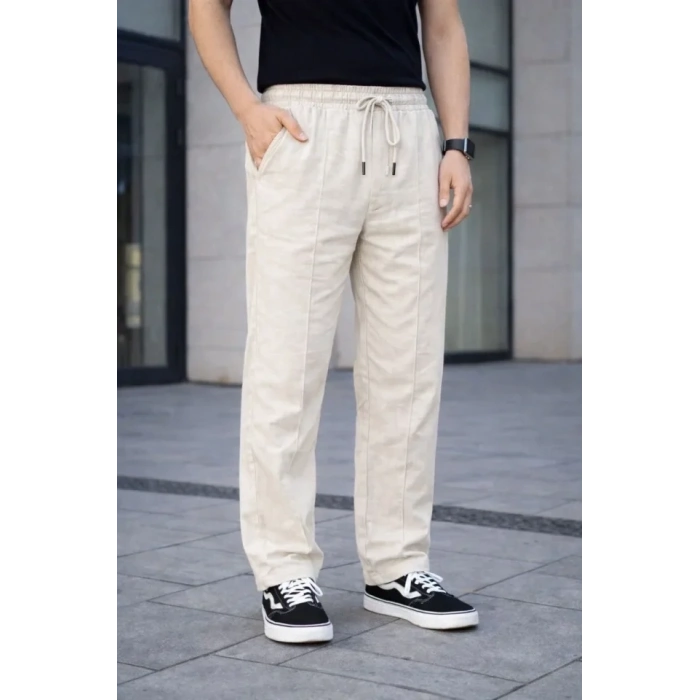 Erkek Keten Cepli Çıma Dikişli Jogger Buggy Pantalon Rahat Kalıp  Krem