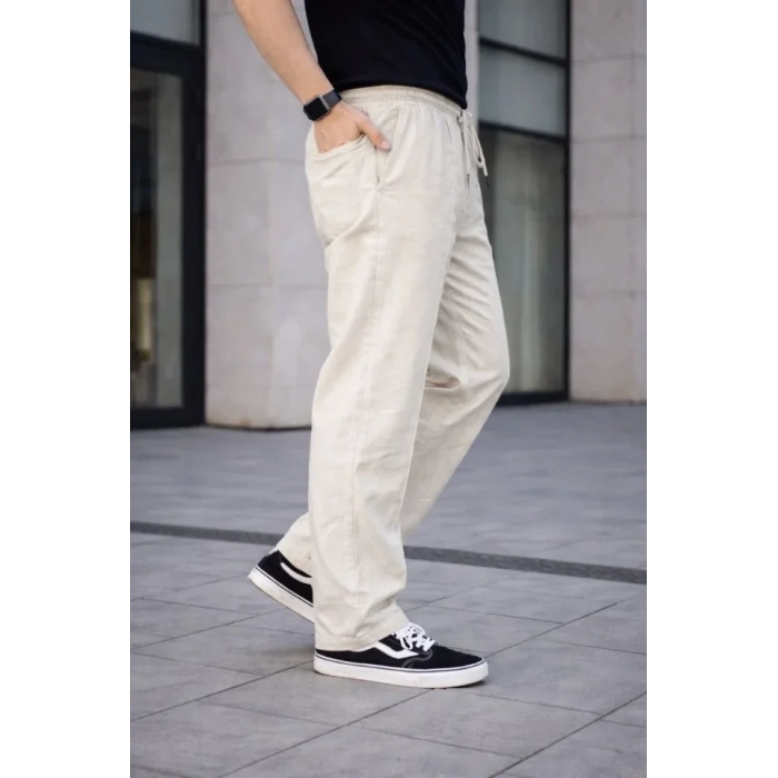 Erkek Keten Cepli Çıma Dikişli Jogger Buggy Pantalon Rahat Kalıp  Krem