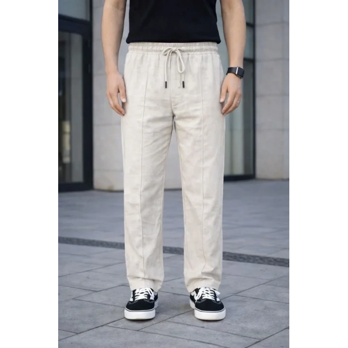 Erkek Keten Cepli Çıma Dikişli Jogger Buggy Pantalon Rahat Kalıp  Krem