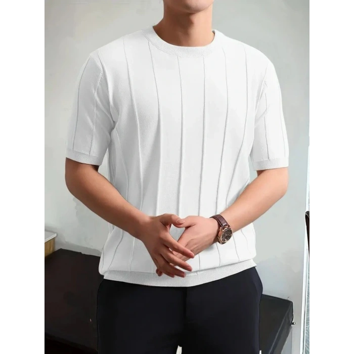 Erkek Kısa Kollu Bisiklet Yaka çizgili Triko Tshirt