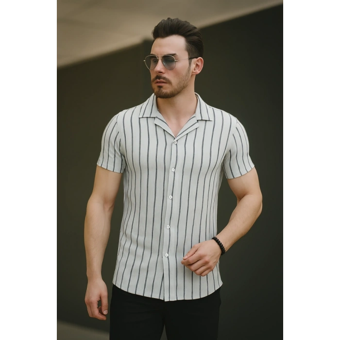 Erkek Kısa Kollu Gri çizgi Desenli örme Kumaş Pamuklu Gömlek