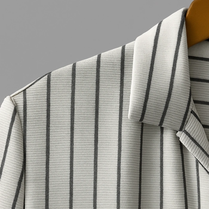 Erkek Kısa Kollu Gri çizgi Desenli örme Kumaş Pamuklu Gömlek