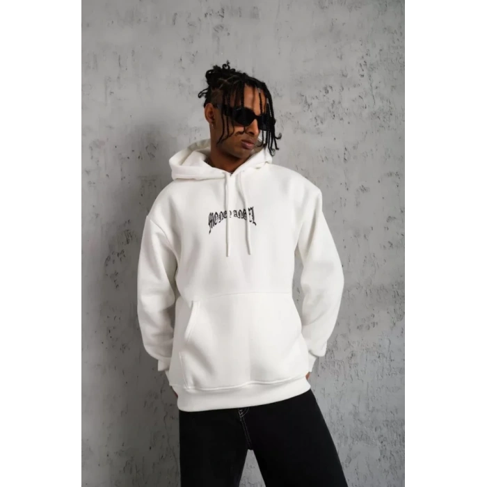 Erkek Kordon İpli Baskılı Kapüşonlu weatshirt  Beyaz