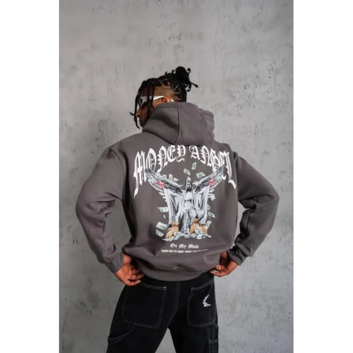 Erkek Kordon İpli Baskılı Kapüşonlu weatshirt  Füme