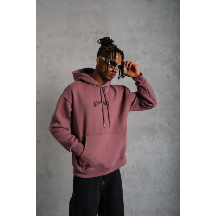 Erkek Kordon İpli Baskılı Kapüşonlu weatshirt  Gül Kurusu