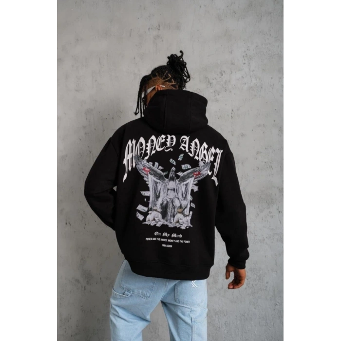 Erkek Kordon İpli Baskılı Kapüşonlu weatshirt  iyah