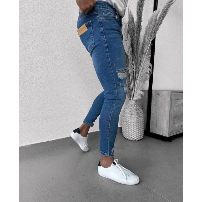 Erkek Mavi Yıkama Detaylı Skinny Jean