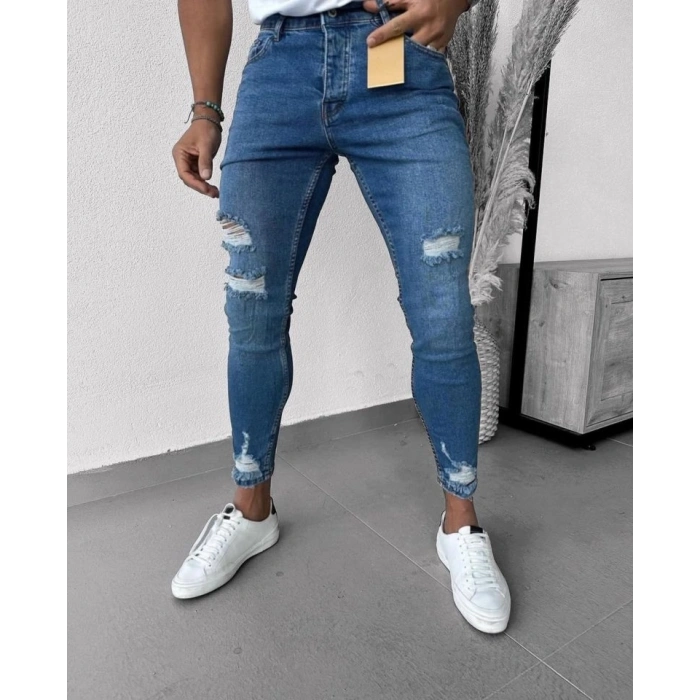 Erkek Mavi Yıkama Detaylı Skinny Jean