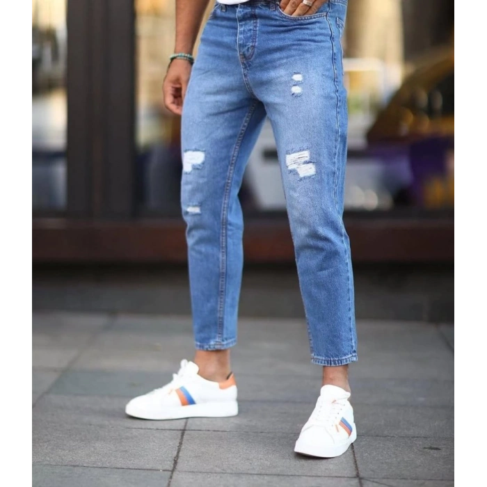 Erkek Mavi Yırtık Detaylı Boyfriend Jean