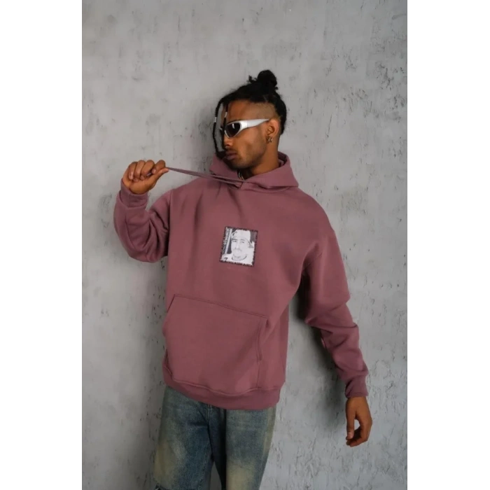 Erkek Ön Arka Baskılı Kapşonlu weat  Gül Kurusu