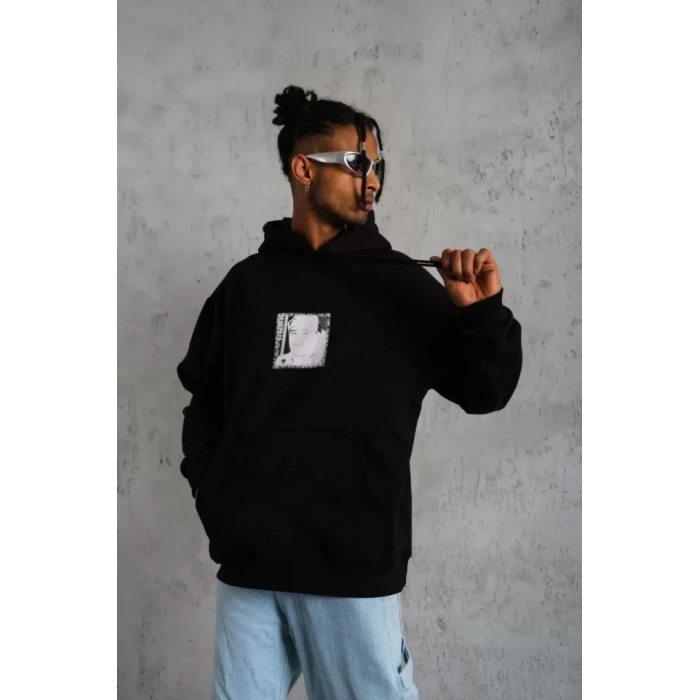 Erkek Ön Arka Baskılı Kapşonlu weat  iyah