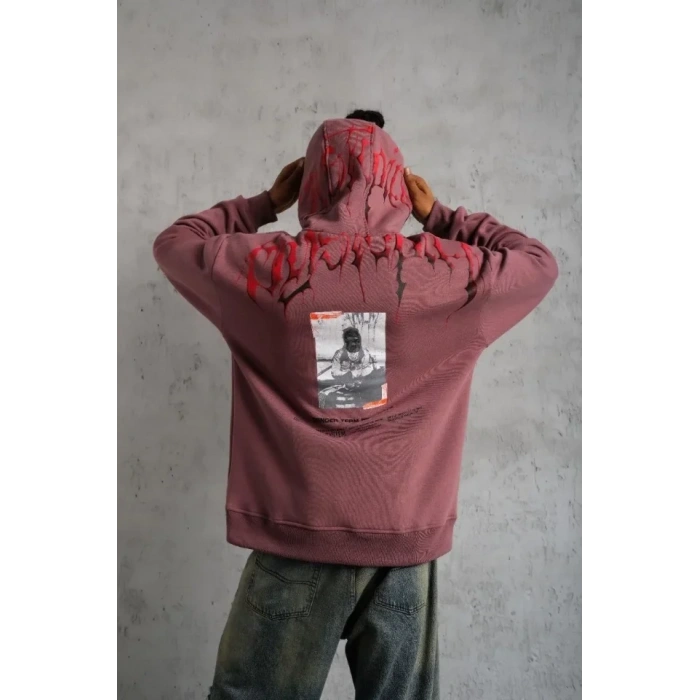 Erkek Ön Ve Arka Baskılı Kapüşonlu 3 İplik weatshirt  Gül Kurusu