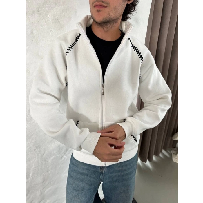 Erkek Oversize Dik Yaka Fermuarlı weatshirt  Zincir Nakışli Kanguru Cepli  Beyaz