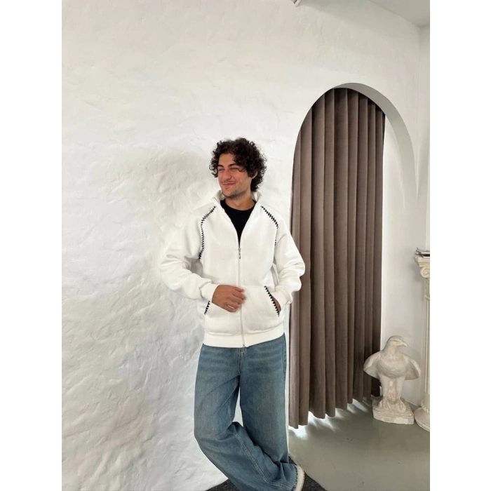 Erkek Oversize Dik Yaka Fermuarlı weatshirt  Zincir Nakışli Kanguru Cepli  Beyaz