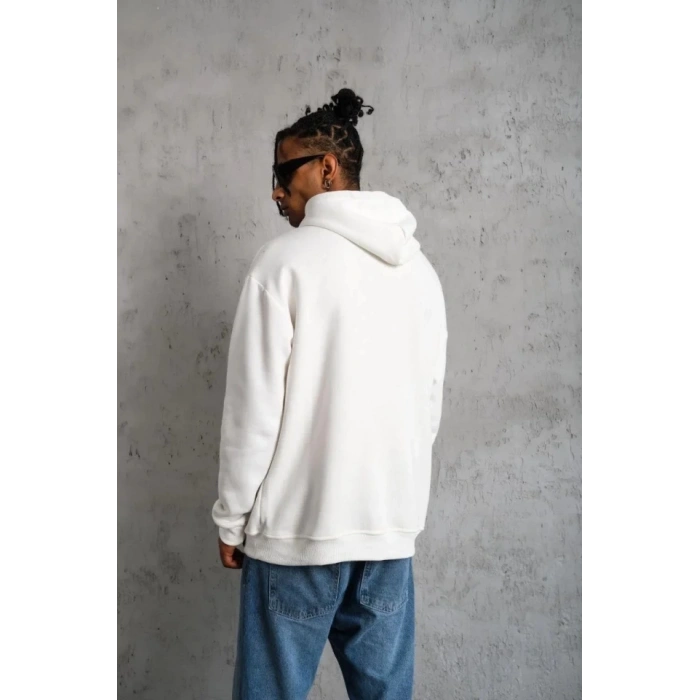 Erkek Oversize Kapüşonlu weatshirt – Beyaz Renk Üç İplik İçi Pamuklu Kanguru Cepli Baskılı Hoodie Rahat Kalıp Kışlık Günlük Kombinlere Uygun  Beyaz