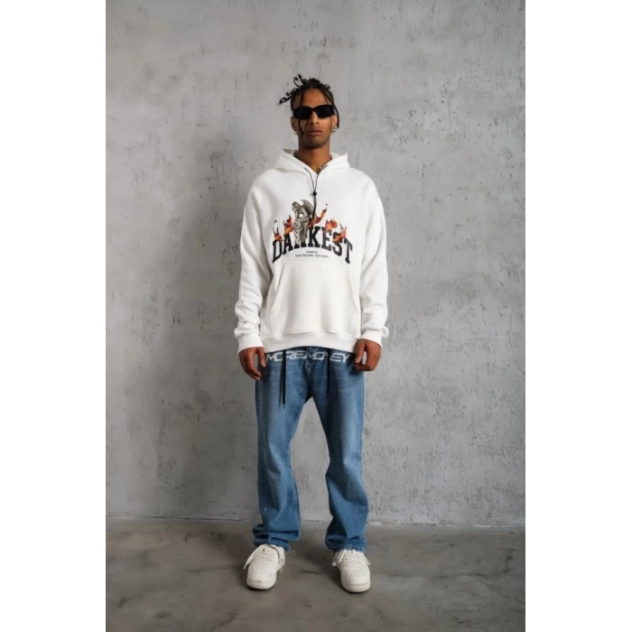 Erkek Oversize Kapüşonlu weatshirt – Beyaz Renk Üç İplik İçi Pamuklu Kanguru Cepli Baskılı Hoodie Rahat Kalıp Kışlık Günlük Kombinlere Uygun  Beyaz