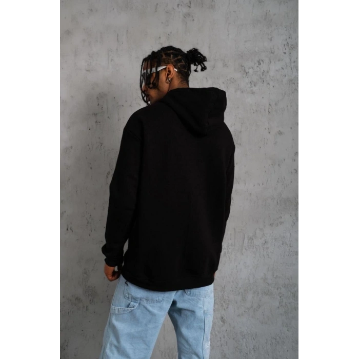 Erkek Oversize Kapüşonlu weatshirt – iyah Renk Üç İplik İçi Pamuklu Kanguru Cepli Baskılı Hoodie Rahat Kalıp Kışlık Günlük Kombinlere Uygun  iyah