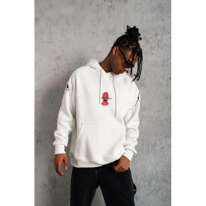 Erkek Oversize Üç İplik Kapüşonlu weatshirt – “Don’t Be Terrified” Ön, ırt Ve Kol Baskılı, Kanguru Cepli, Ribanalı Rahat odel  Beyaz