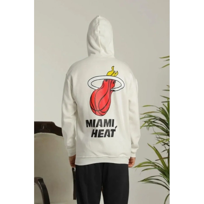 Erkek Oversize Üç İplik Kapüşonlu weatshirt –ırt Ve Ön Baskılı, Kanguru Cepli, Rahat Kalıp askot Desenli odel  iyah Beyaz