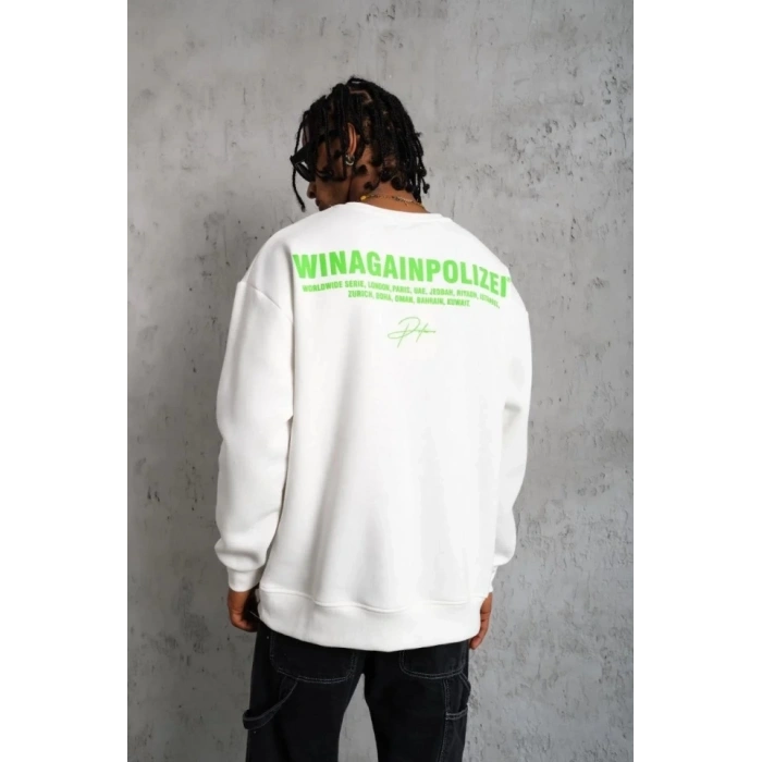 Erkek Oversize weatshirt – Beyaz Renk  Ön Ve ırt Baskılı, Üç İplik İçi Pamuklu Kumaş, Rahat Kalıp, Ribanalı Kışlık weat  Winagain Polizei erisi  Beyaz