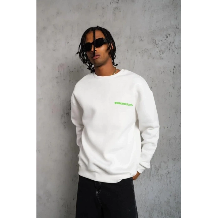 Erkek Oversize weatshirt – Beyaz Renk  Ön Ve ırt Baskılı, Üç İplik İçi Pamuklu Kumaş, Rahat Kalıp, Ribanalı Kışlık weat  Winagain Polizei erisi  Beyaz