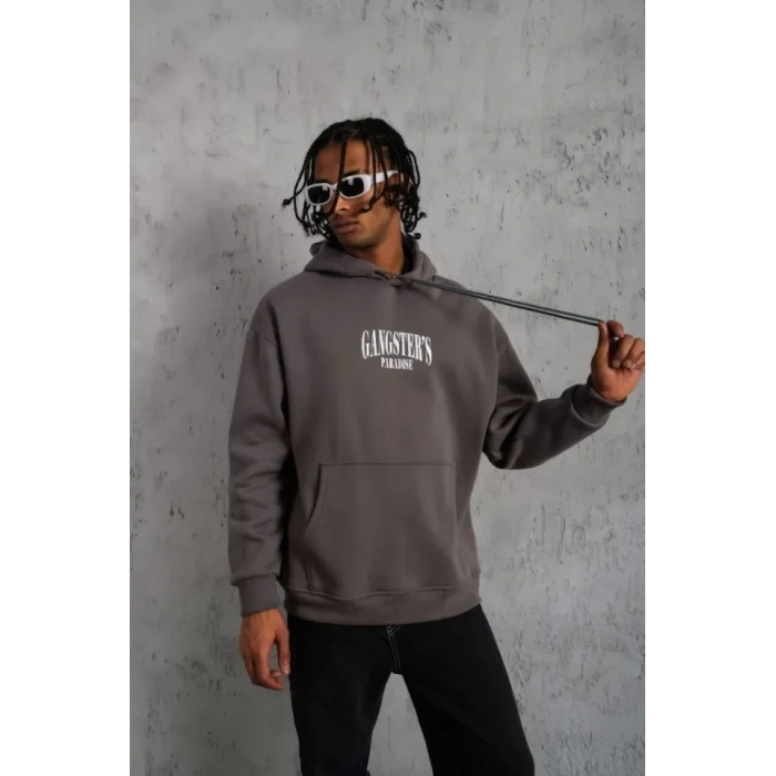Erkek Paradise Baskılı Kapüşonlu weat  Gri
