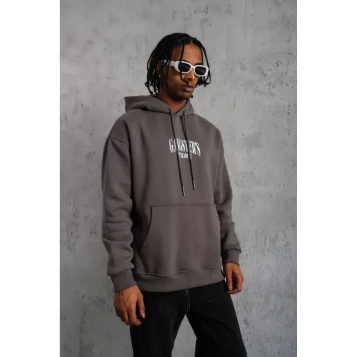 Erkek Paradise Baskılı Kapüşonlu weat  Gri