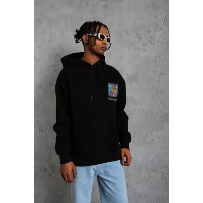 Erkek Patel ix Baskılı Kapüşonlu weat  iyah