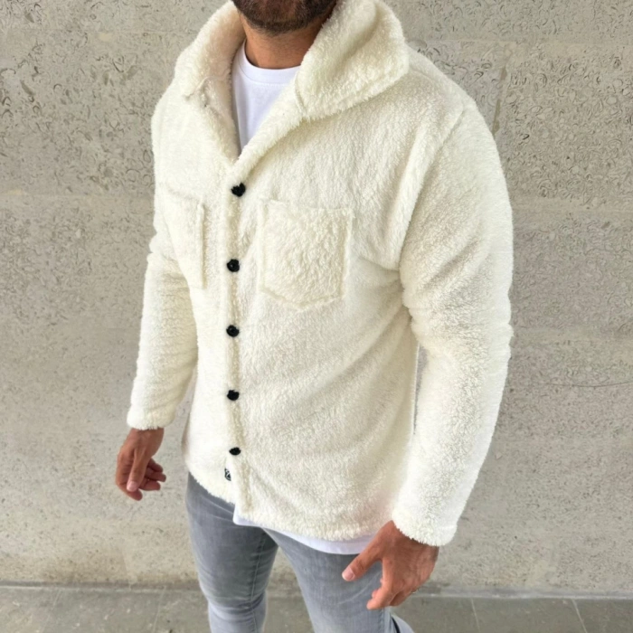 Erkek Pelüş Polar Hırka Gömlek – Yakalı, İlik Düğmeli, Göğüs Cepli, Yumuşak Dokulu Kışlık Regular Fit Rahat Günlük odel  Beyaz