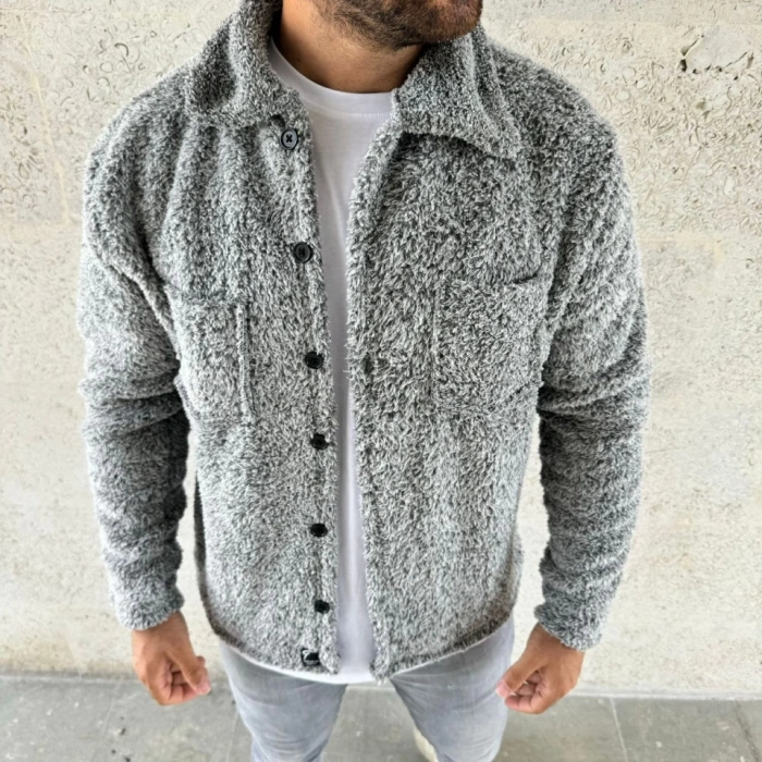 Erkek Pelüş Polar Hırka Gömlek – Yakalı, İlik Düğmeli, Göğüs Cepli, Yumuşak Dokulu Kışlık Regular Fit Rahat Günlük odel  Gri
