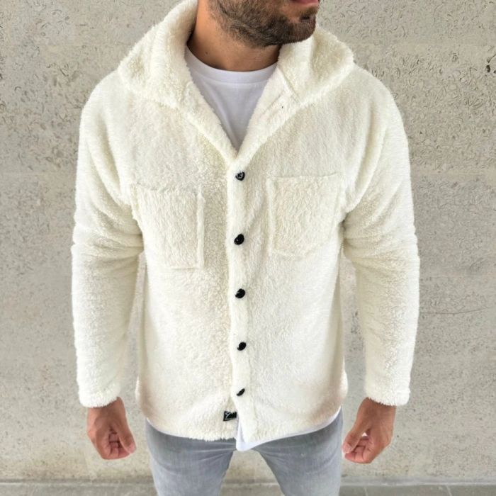 Erkek Pelüş Polar Hırka Gömlek – Yakalı, İlik Düğmeli, Göğüs Cepli, Yumuşak Dokulu Kışlık Regular Fit Rahat Günlük odel  Beyaz
