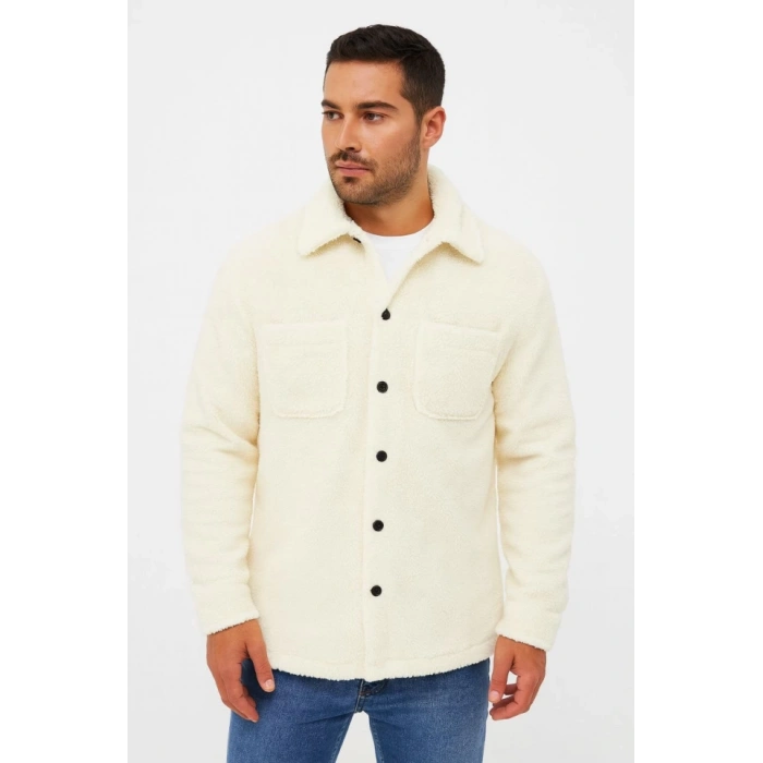 Erkek Pelüş Polar Hırka Gömlek – Yakalı, İlik Düğmeli, Göğüs Cepli, Yumuşak Dokulu Kışlık Regular Fit Rahat Günlük odel  Beyaz