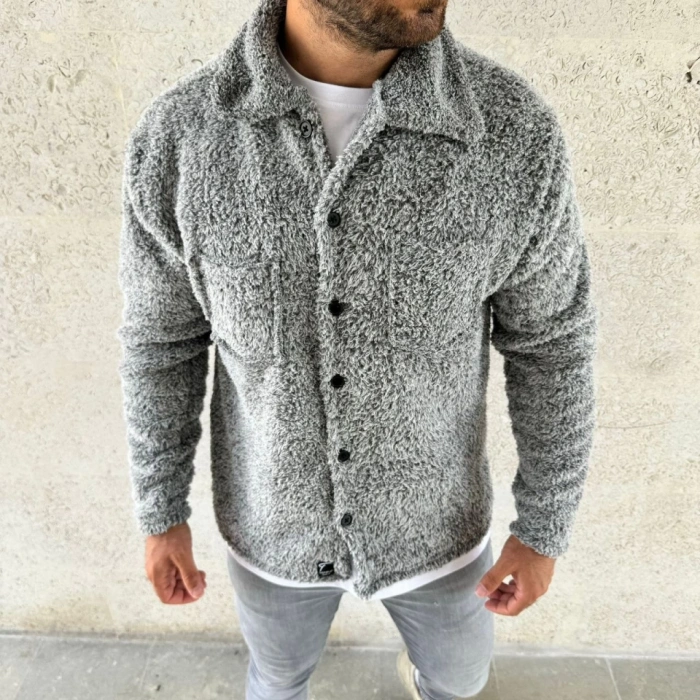 Erkek Pelüş Polar Hırka Gömlek – Yakalı, İlik Düğmeli, Göğüs Cepli, Yumuşak Dokulu Kışlık Regular Fit Rahat Günlük odel  Gri