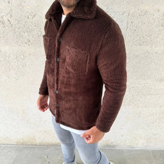 Erkek Pelüş Polar Hırka Gömlek – Yakalı, İlik Düğmeli, Göğüs Cepli, Yumuşak Dokulu Kışlık Regular Fit Rahat Günlük odel  Kahverengi