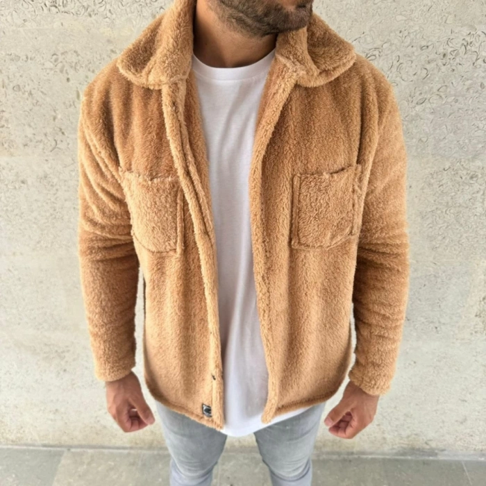 Erkek Pelüş Polar Hırka Gömlek – Yakalı, İlik Düğmeli, Göğüs Cepli, Yumuşak Dokulu Kışlık Regular Fit Rahat Günlük odel  Açık Kahve