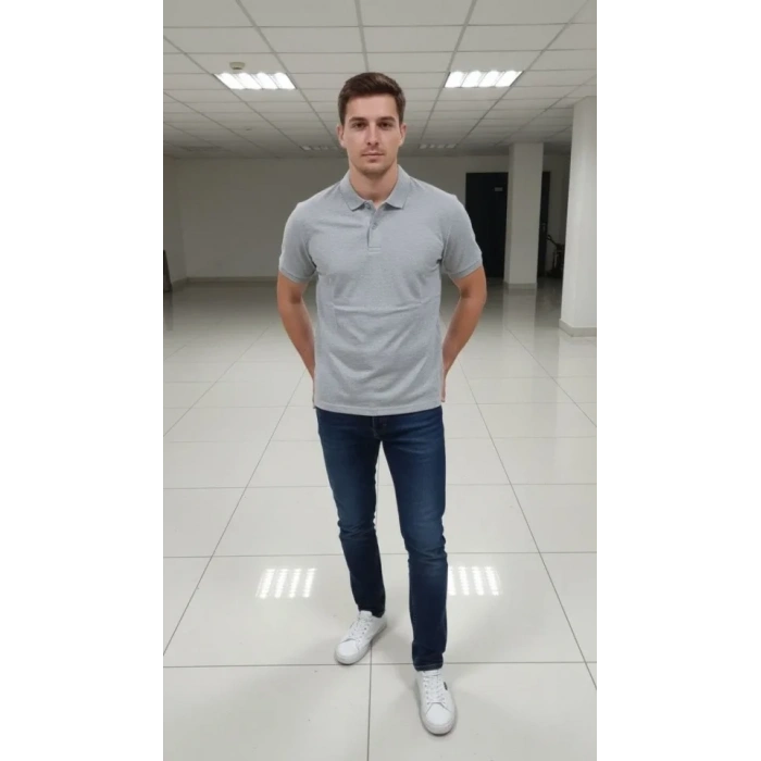 Erkek Pike Kumaş Düğmeli Yaka Regular Fit Günlük Kısa Kol Tişört Tshirt  Gri